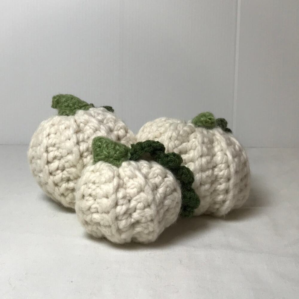 NWT White Green Handmade Crocheted Cottage Boho Fall Pumpkin Décor Set